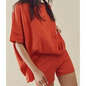 Free People Oversized Short Sleeve Sweater Set in Bright Orange